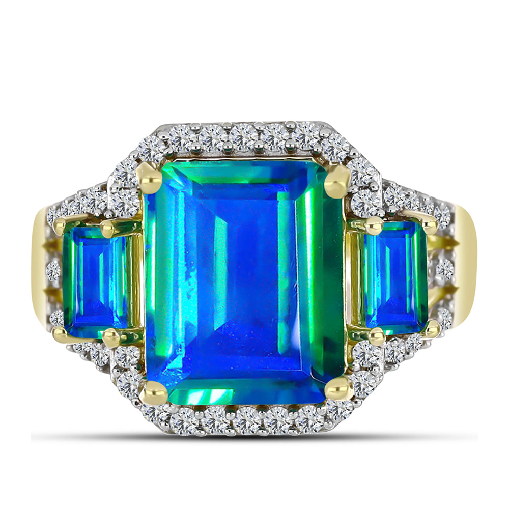 Anillo de Plata Bañada en Oro con Cuarzo Pavo Real y Topacio Blanco 1 