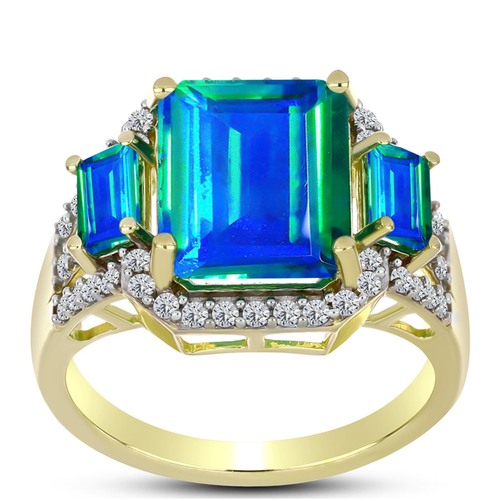 Anillo de Plata Bañada en Oro con Cuarzo Pavo Real y Topacio Blanco
