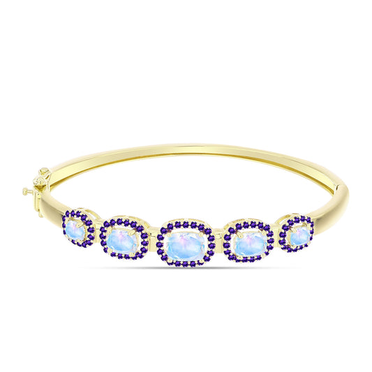 Brazalete de Plata Bañada en Oro con Piedra Lunar Arco Iris y Amatista de Marruecos