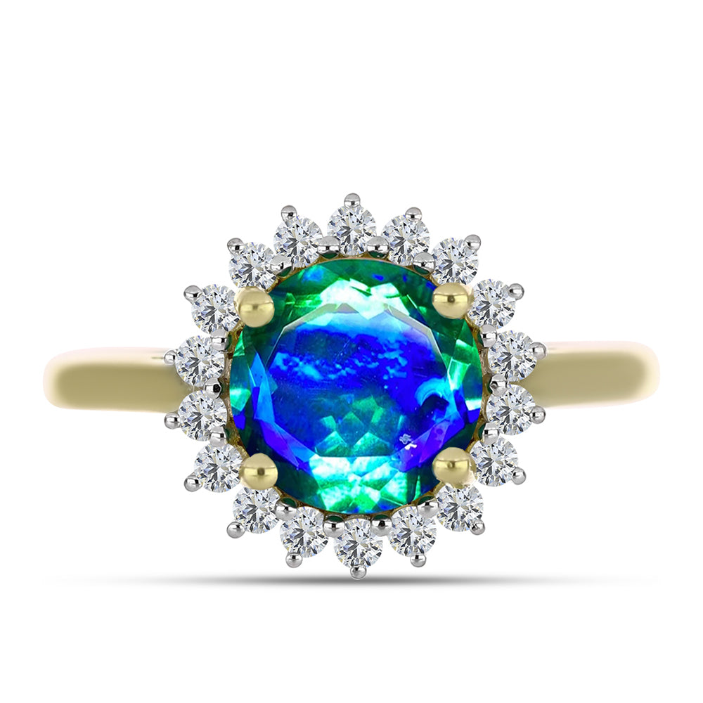 Anillo de Plata Bañada en Oro con Cuarzo Pavo Real y Topacio Blanco 1 