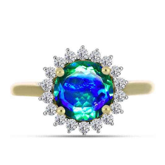 Anillo de Plata Bañada en Oro con Cuarzo Pavo Real y Topacio Blanco