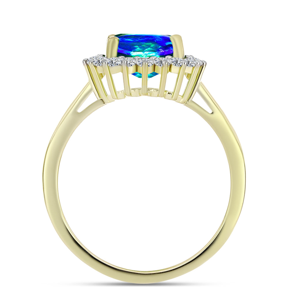Anillo de Plata Bañada en Oro con Cuarzo Pavo Real y Topacio Blanco