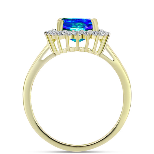 Anillo de Plata Bañada en Oro con Cuarzo Pavo Real y Topacio Blanco