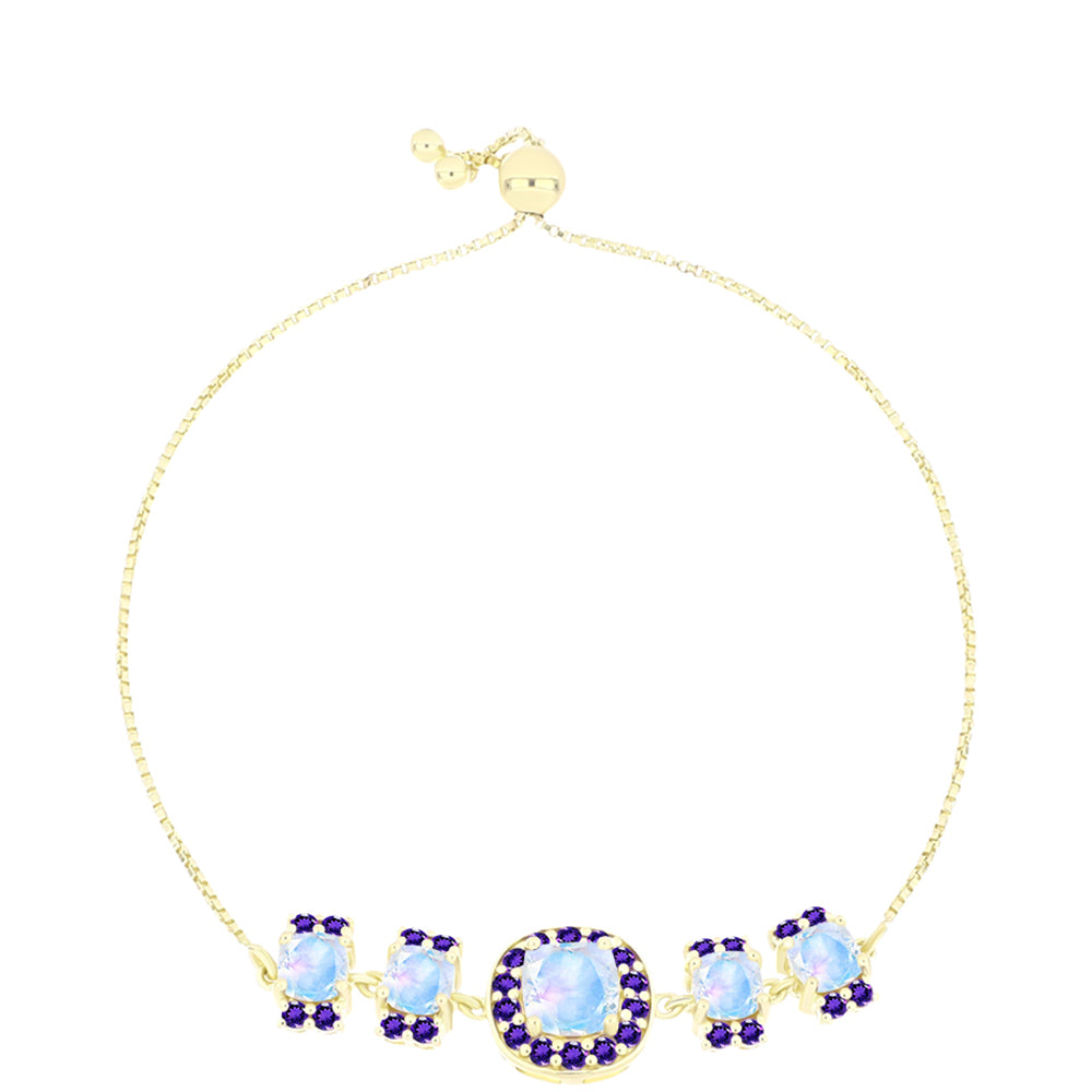 Pulsera de Plata Bañada en Oro con Piedra Lunar Arco Iris y Amatista de Marruecos