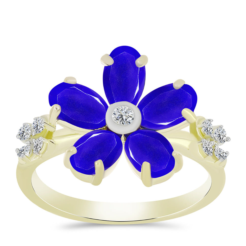 Anillo de Plata Bañada en Oro con Ágata azul y Topacio Blanco