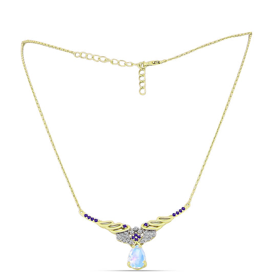 Collar de Plata Bañada en Oro con Piedra Lunar Arco Iris y Amatista de Marruecos