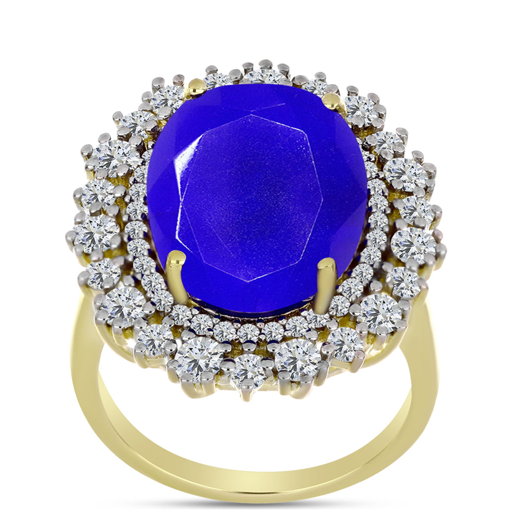 Anillo de Plata Bañada en Oro con Ágata azul y Topacio Blanco 3 