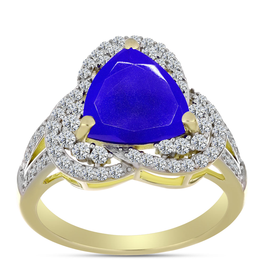Anillo de Plata Bañada en Oro con Ágata azul y Topacio Blanco