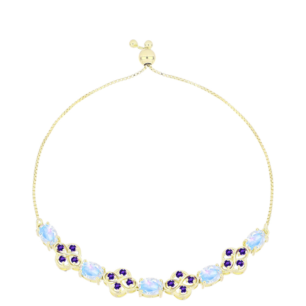 Pulsera de Plata Bañada en Oro con Piedra Lunar Arco Iris y Amatista de Marruecos 1 