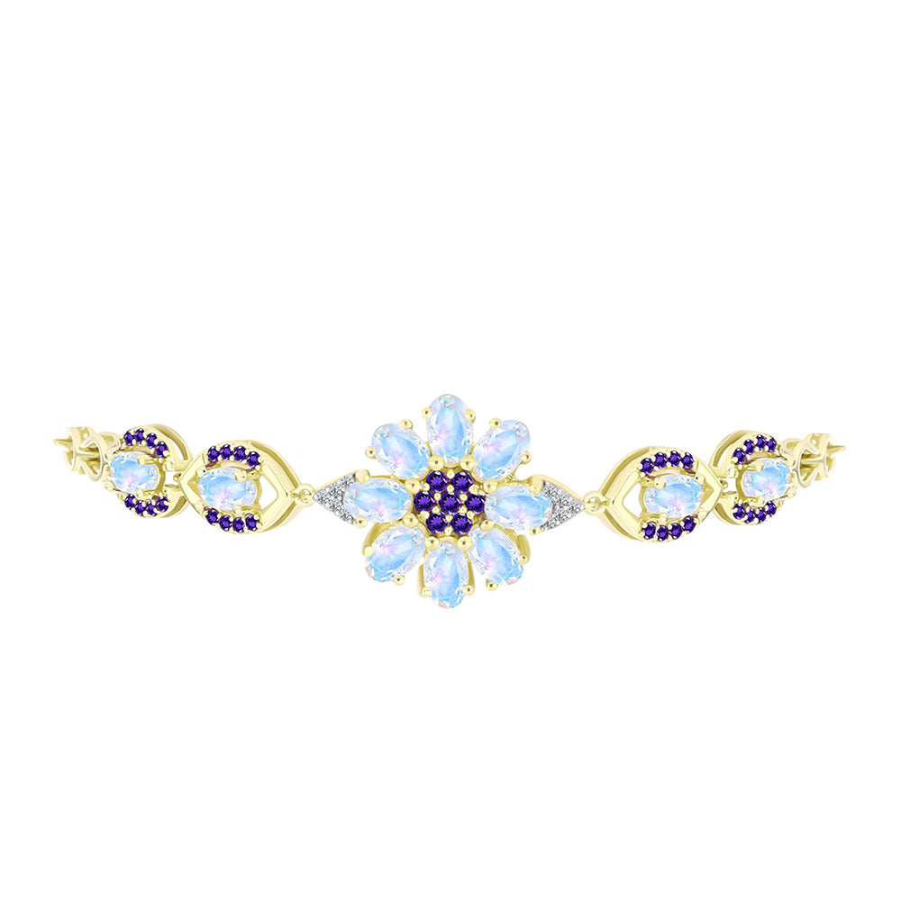 Pulsera de Plata Bañada en Oro con Piedra Lunar Arco Iris y Amatista de Marruecos