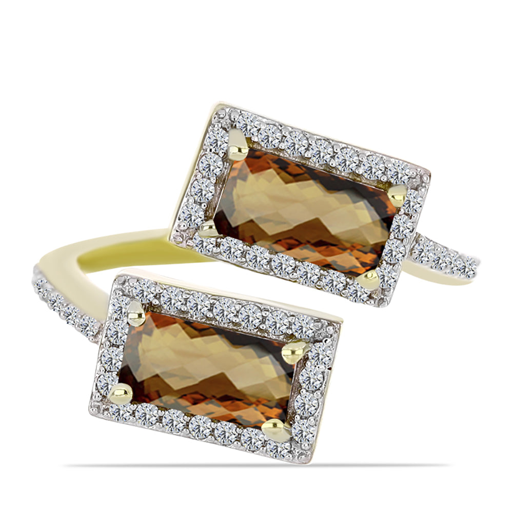 Anillo de Plata Bañada en Oro con Cuarzo Coñac y Topacio Blanco