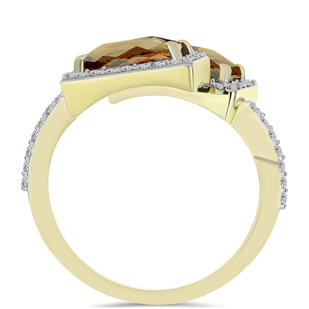 Anillo de Plata Bañada en Oro con Cuarzo Coñac y Topacio Blanco 2 