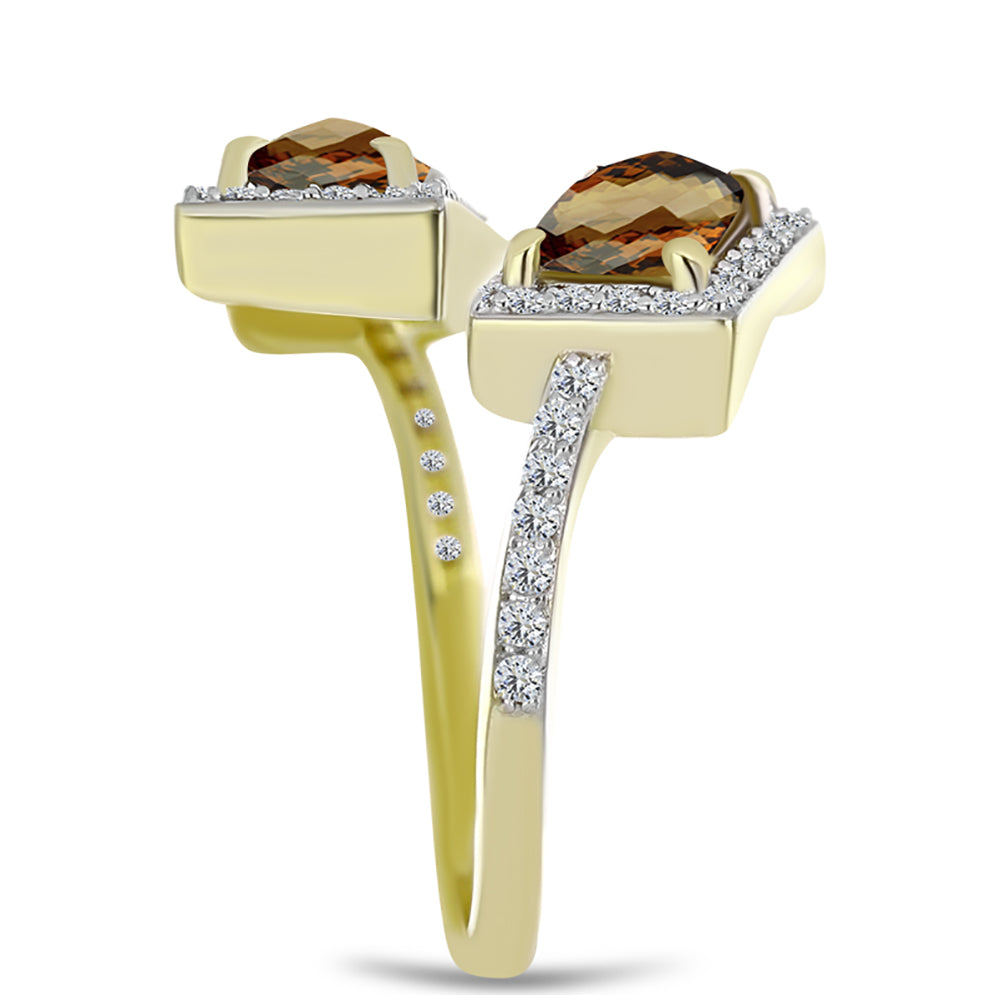 Anillo de Plata Bañada en Oro con Cuarzo Coñac y Topacio Blanco 4 