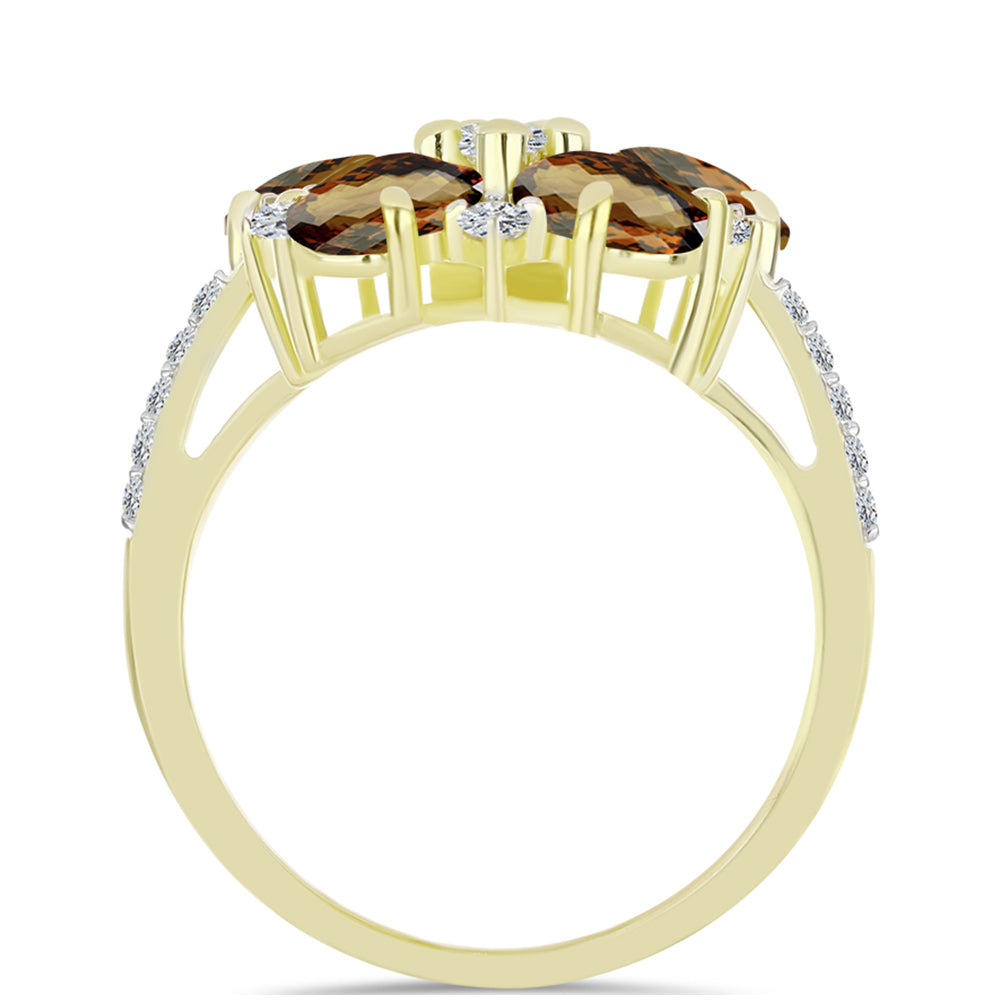 Anillo de Plata Bañada en Oro con Cuarzo Coñac y Topacio Blanco
