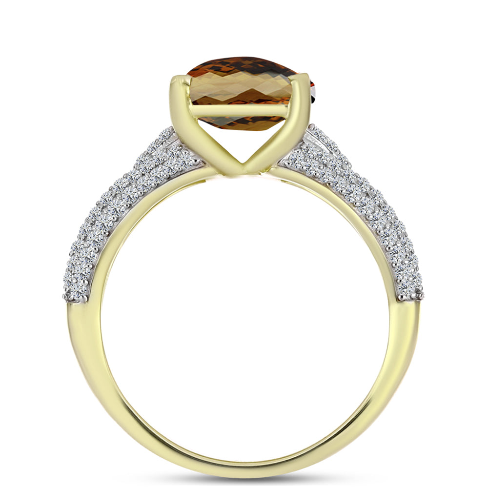 Anillo de Plata Bañada en Oro con Cuarzo Coñac y Topacio Blanco