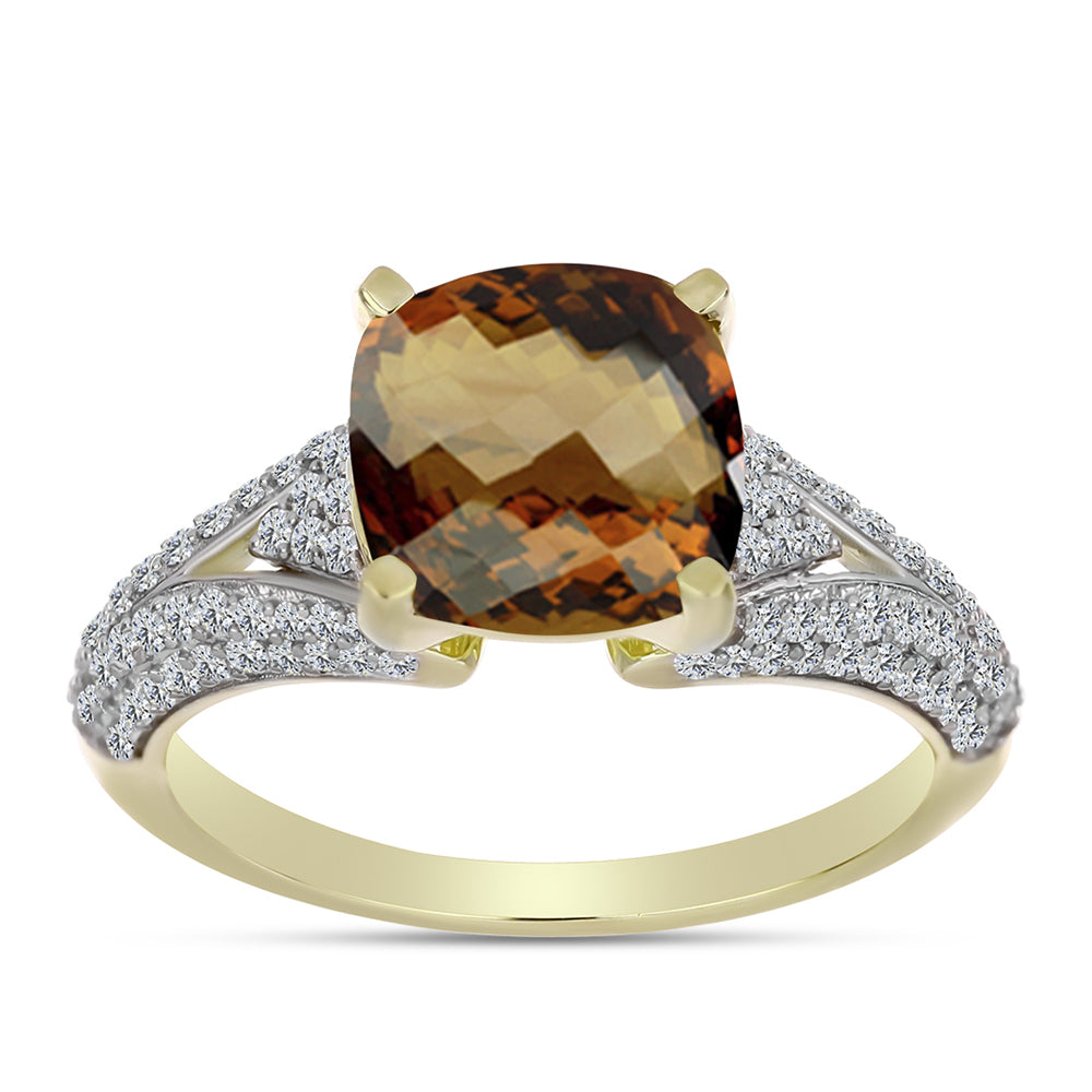 Anillo de Plata Bañada en Oro con Cuarzo Coñac y Topacio Blanco 3 