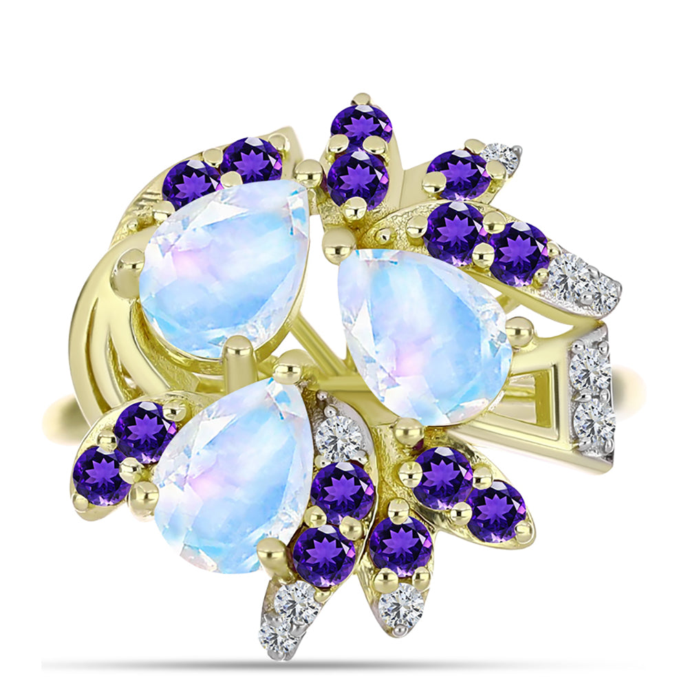 Anillo de Plata Bañada en Oro con Piedra Lunar Arco Iris y Amatista de Marruecos