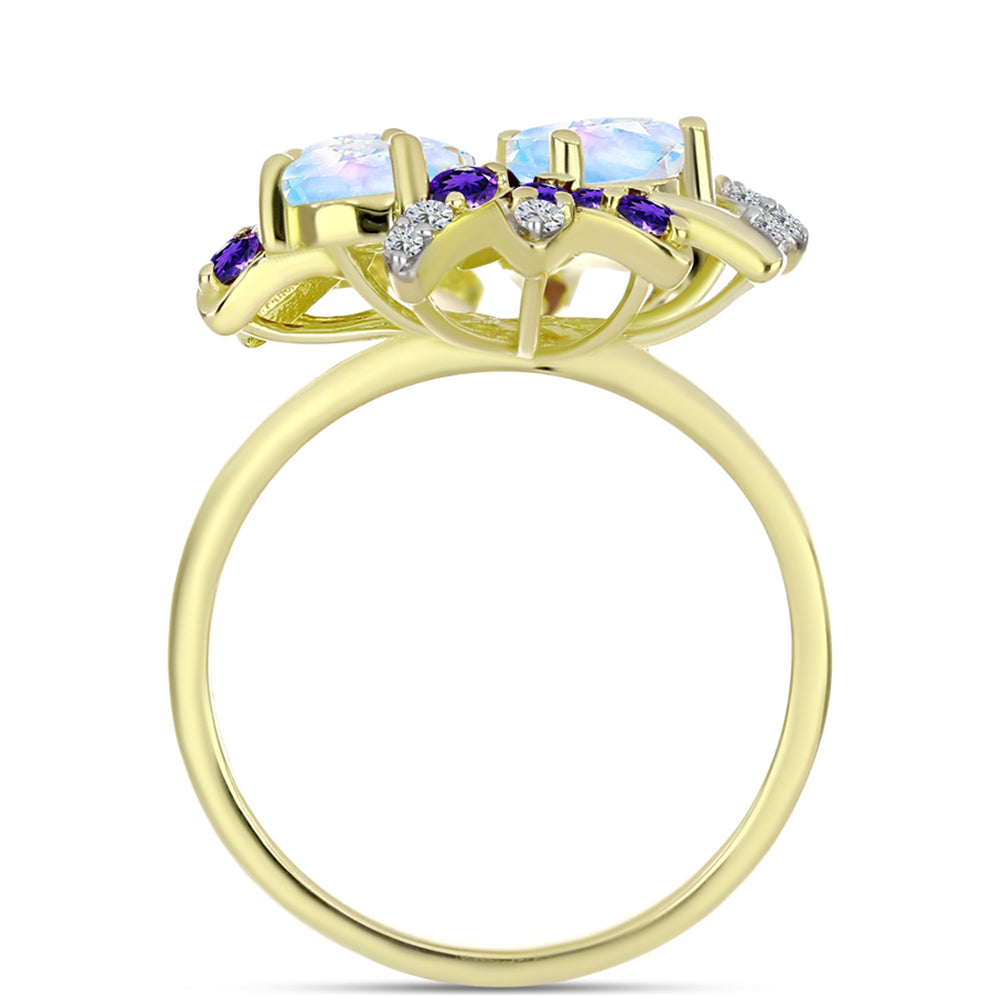 Anillo de Plata Bañada en Oro con Piedra Lunar Arco Iris y Amatista de Marruecos