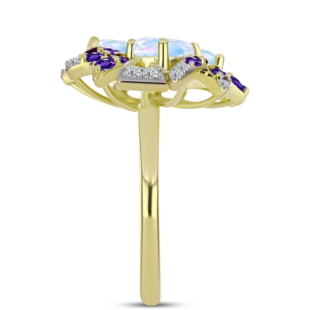 Anillo de Plata Bañada en Oro con Piedra Lunar Arco Iris y Amatista de Marruecos 4 