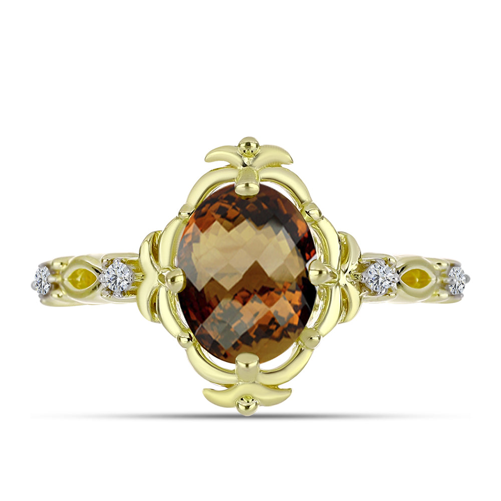 Anillo de Plata Bañada en Oro con Cuarzo Coñac y Topacio Blanco 1 