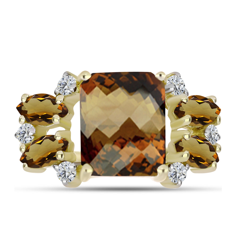 Anillo de Plata Bañada en Oro con Cuarzo Coñac y Topacio Blanco
