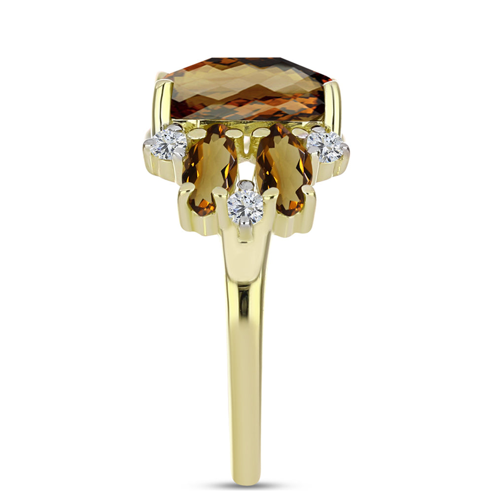 Anillo de Plata Bañada en Oro con Cuarzo Coñac y Topacio Blanco 4 