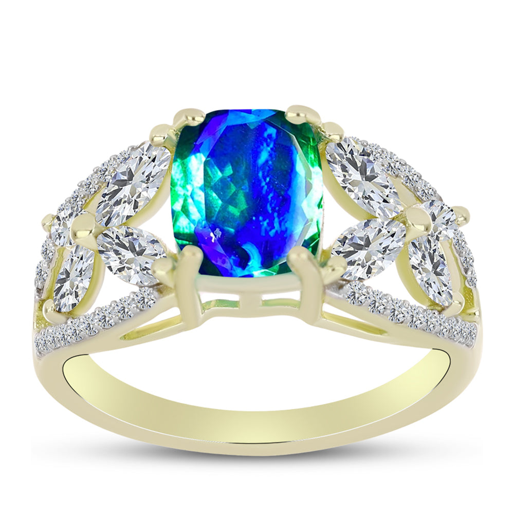 Anillo de Plata Bañada en Oro con Cuarzo Pavo Real y Topacio Blanco 3 