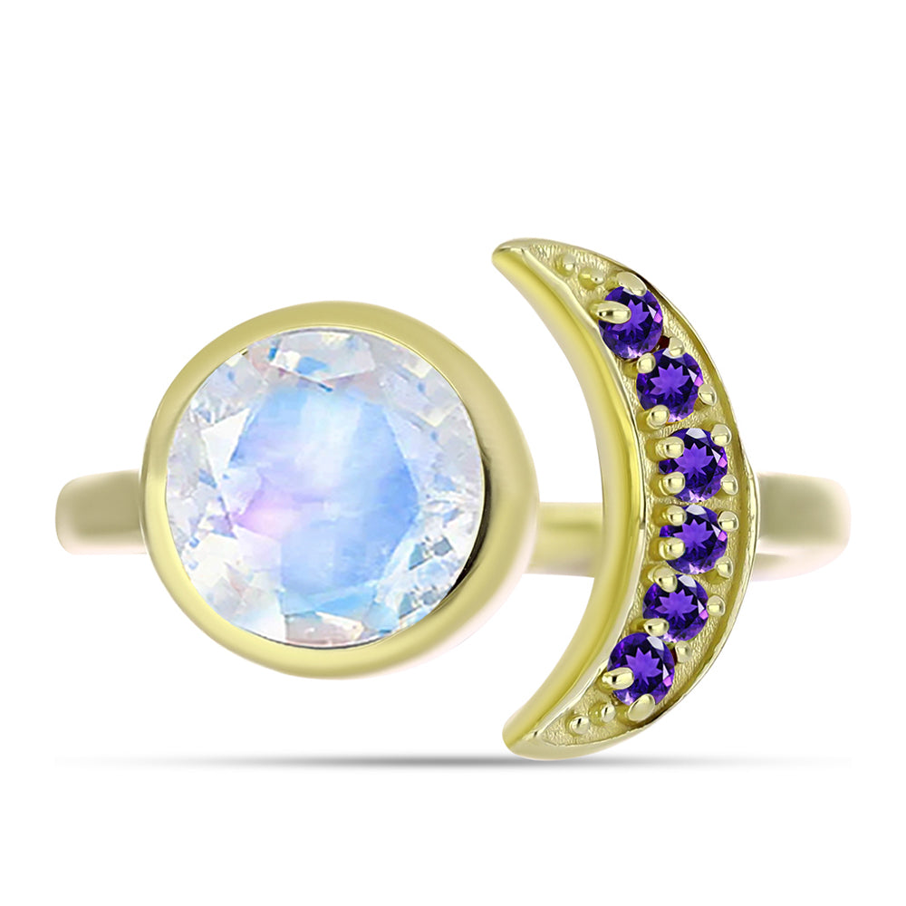 Anillo de Plata Bañada en Oro con Piedra Lunar Arco Iris y Amatista de Marruecos