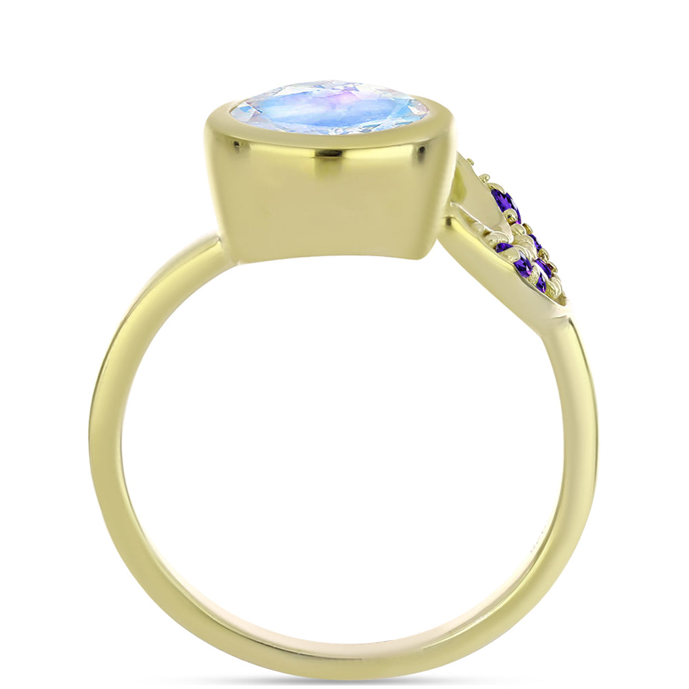 Anillo de Plata Bañada en Oro con Piedra Lunar Arco Iris y Amatista de Marruecos