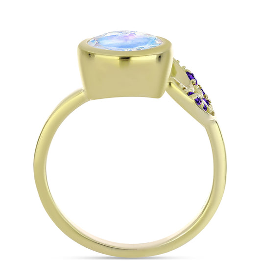 Anillo de Plata Bañada en Oro con Piedra Lunar Arco Iris y Amatista de Marruecos