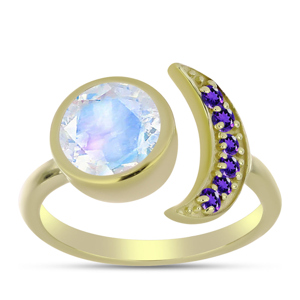 Anillo de Plata Bañada en Oro con Piedra Lunar Arco Iris y Amatista de Marruecos