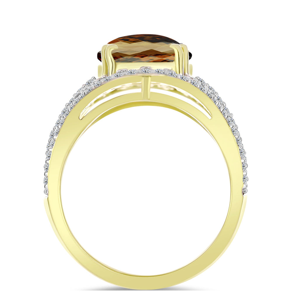 Anillo de Plata Bañada en Oro con Cuarzo Coñac y Topacio Blanco 2 