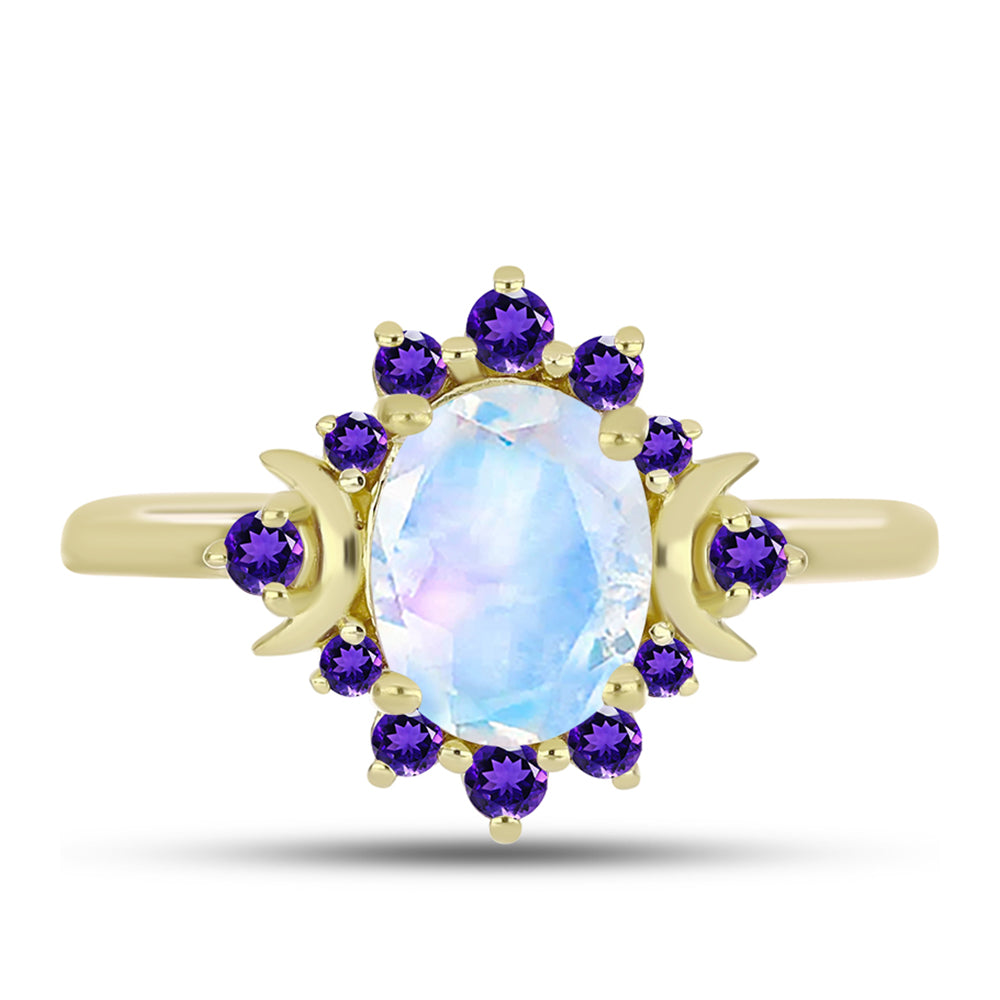 Anillo de Plata Bañada en Oro con Piedra Lunar Arco Iris y Amatista de Marruecos