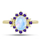 Anillo de Plata Bañada en Oro con Piedra Lunar Arco Iris y Amatista de Marruecos