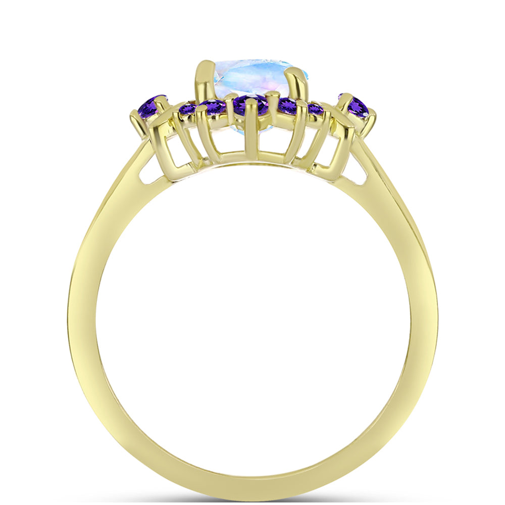 Anillo de Plata Bañada en Oro con Piedra Lunar Arco Iris y Amatista de Marruecos 2 
