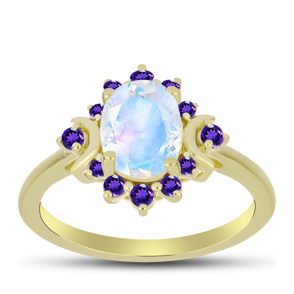 Anillo de Plata Bañada en Oro con Piedra Lunar Arco Iris y Amatista de Marruecos