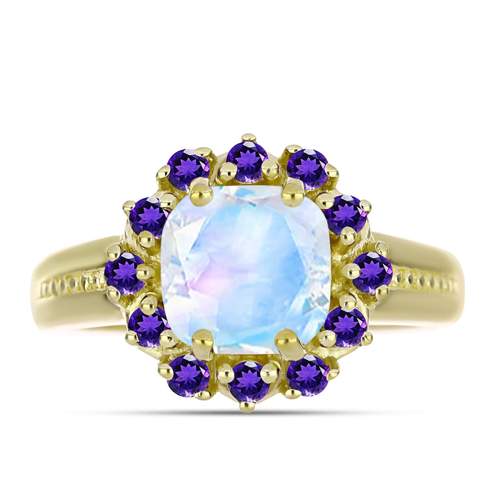 Anillo de Plata Bañada en Oro con Piedra Lunar Arco Iris y Amatista de Marruecos 1 