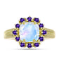 Anillo de Plata Bañada en Oro con Piedra Lunar Arco Iris y Amatista de Marruecos