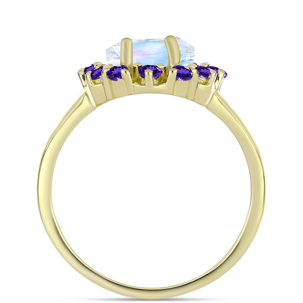 Anillo de Plata Bañada en Oro con Piedra Lunar Arco Iris y Amatista de Marruecos 2 
