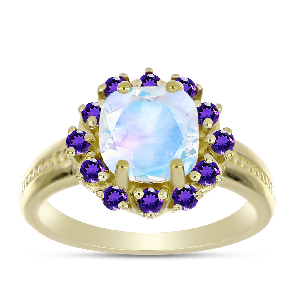 Anillo de Plata Bañada en Oro con Piedra Lunar Arco Iris y Amatista de Marruecos