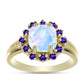 Anillo de Plata Bañada en Oro con Piedra Lunar Arco Iris y Amatista de Marruecos