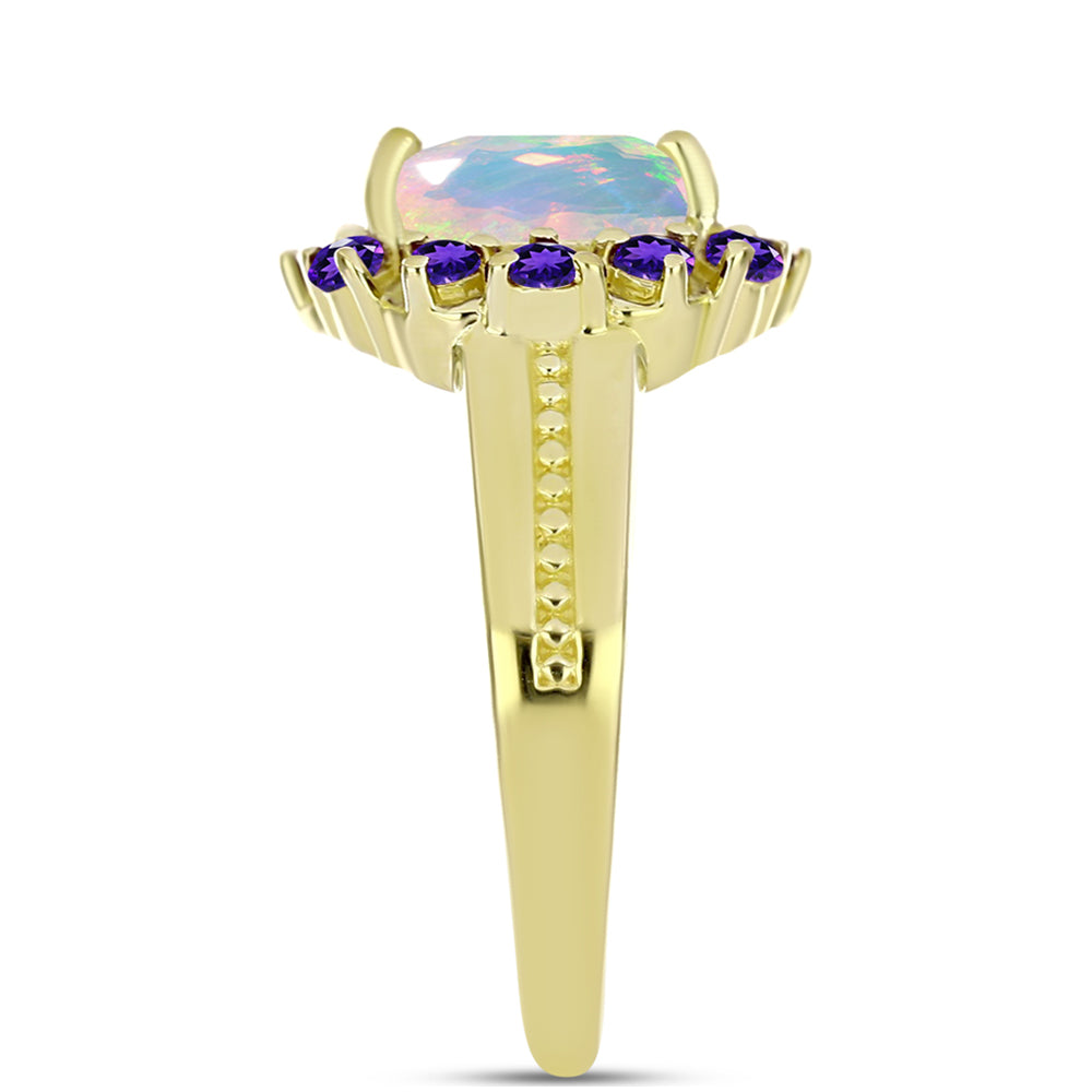 Anillo de Plata Bañada en Oro con Piedra Lunar Arco Iris y Amatista de Marruecos 4 