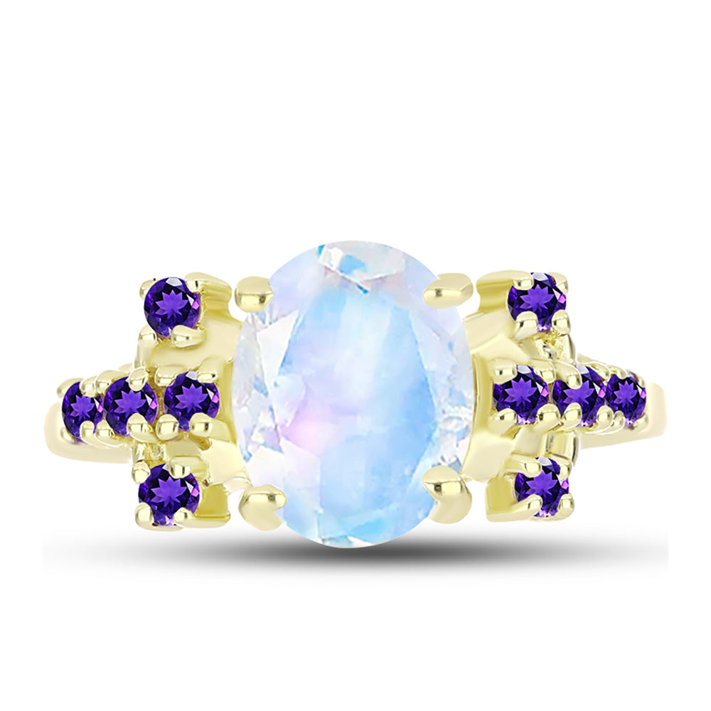 Anillo de Plata Bañada en Oro con Piedra Lunar Arco Iris y Amatista de Marruecos 1 
