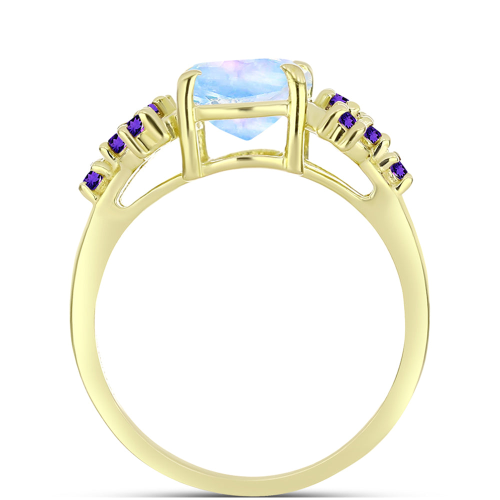 Anillo de Plata Bañada en Oro con Piedra Lunar Arco Iris y Amatista de Marruecos 2 