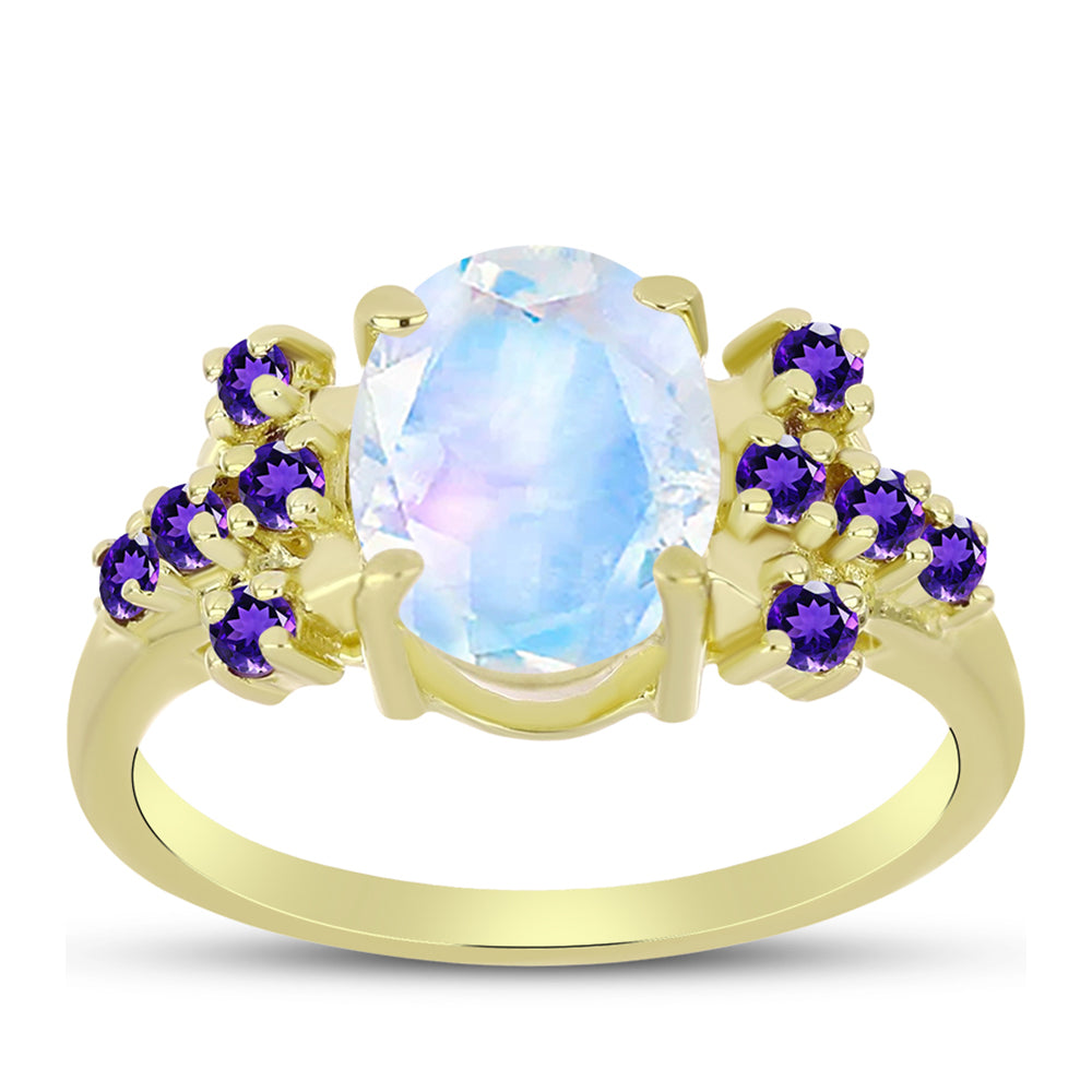 Anillo de Plata Bañada en Oro con Piedra Lunar Arco Iris y Amatista de Marruecos