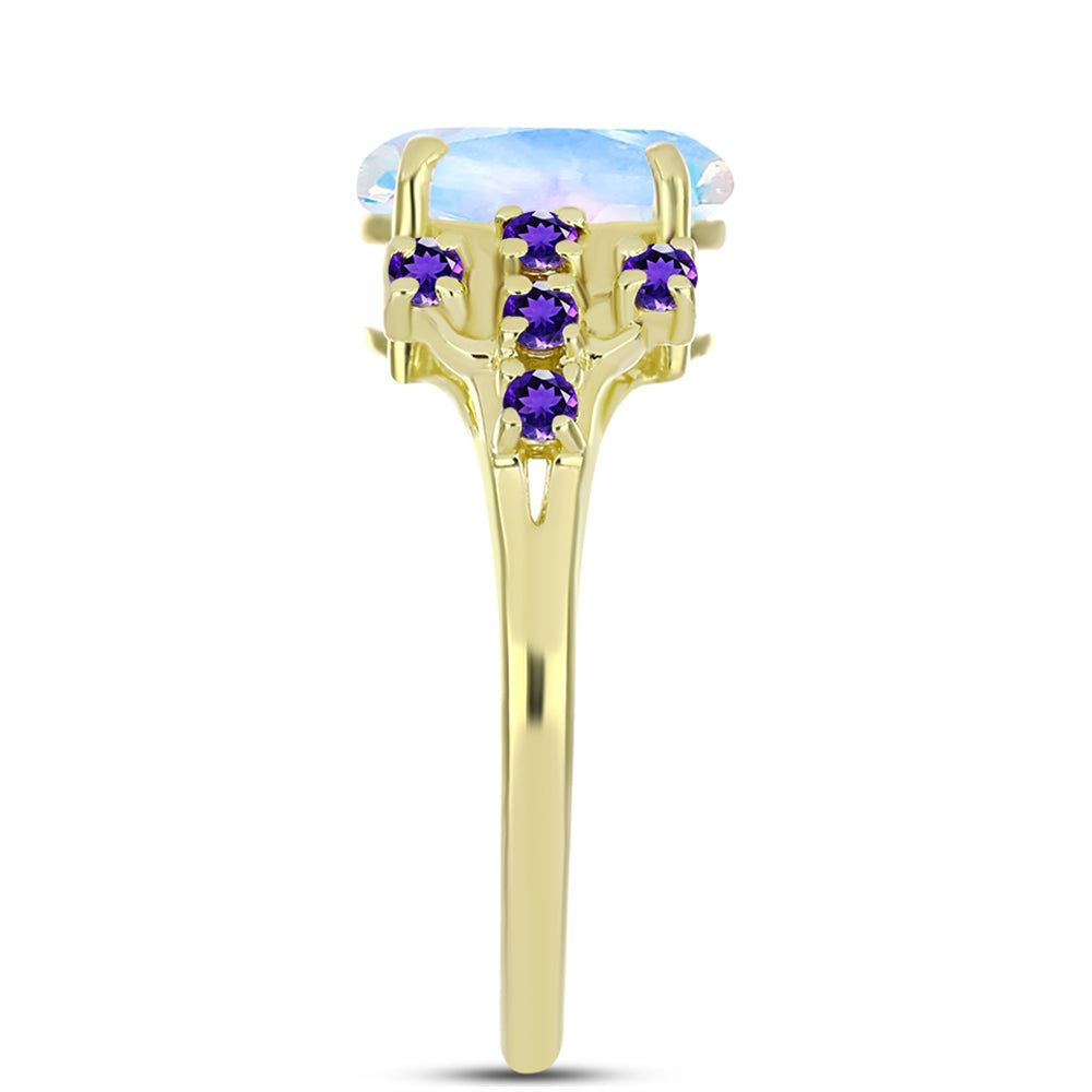 Anillo de Plata Bañada en Oro con Piedra Lunar Arco Iris y Amatista de Marruecos