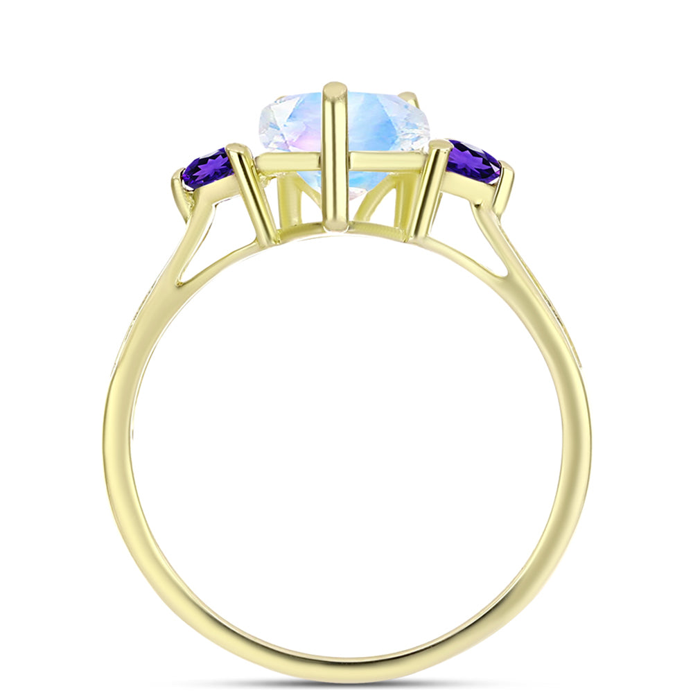 Anillo de Plata Bañada en Oro con Piedra Lunar Arco Iris y Amatista de Marruecos