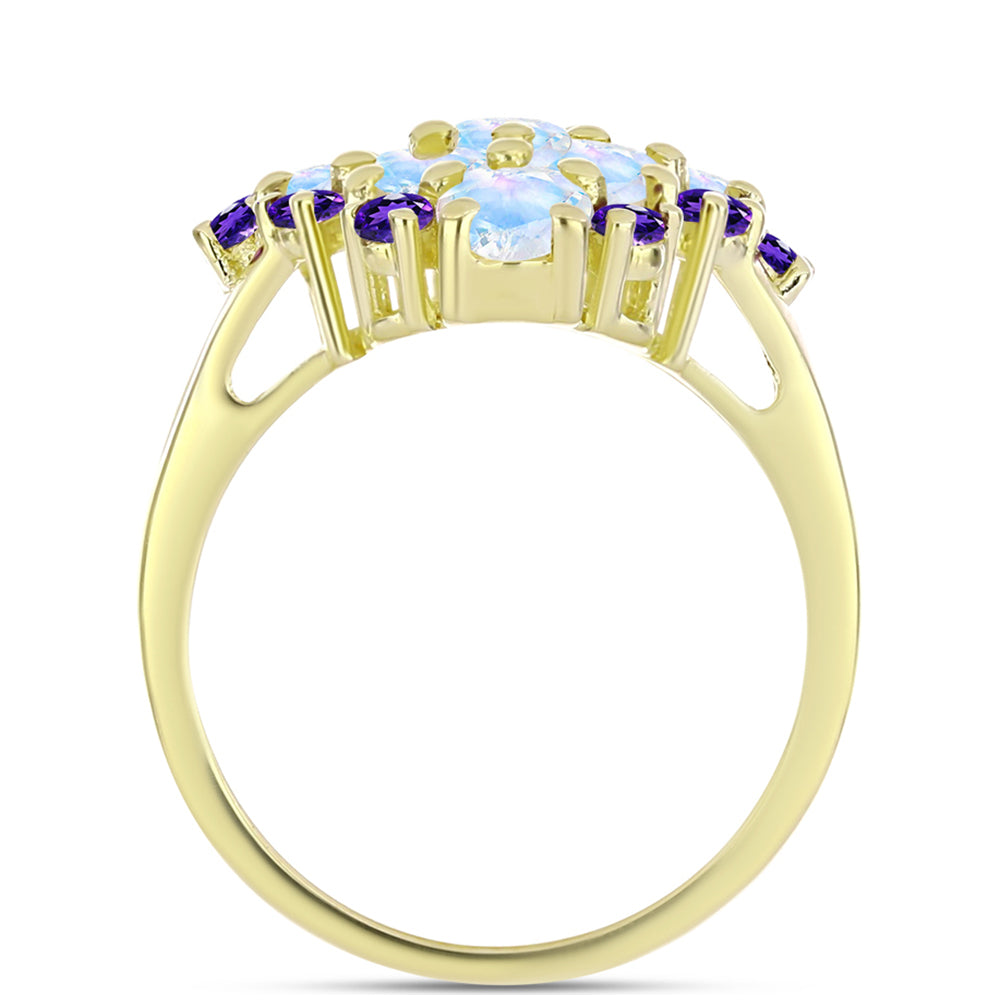 Anillo de Plata Bañada en Oro con Piedra Lunar Arco Iris y Amatista de Marruecos 2 