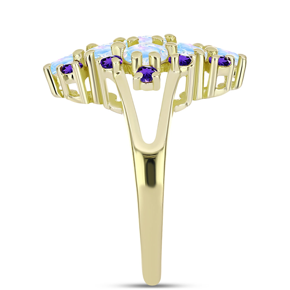 Anillo de Plata Bañada en Oro con Piedra Lunar Arco Iris y Amatista de Marruecos