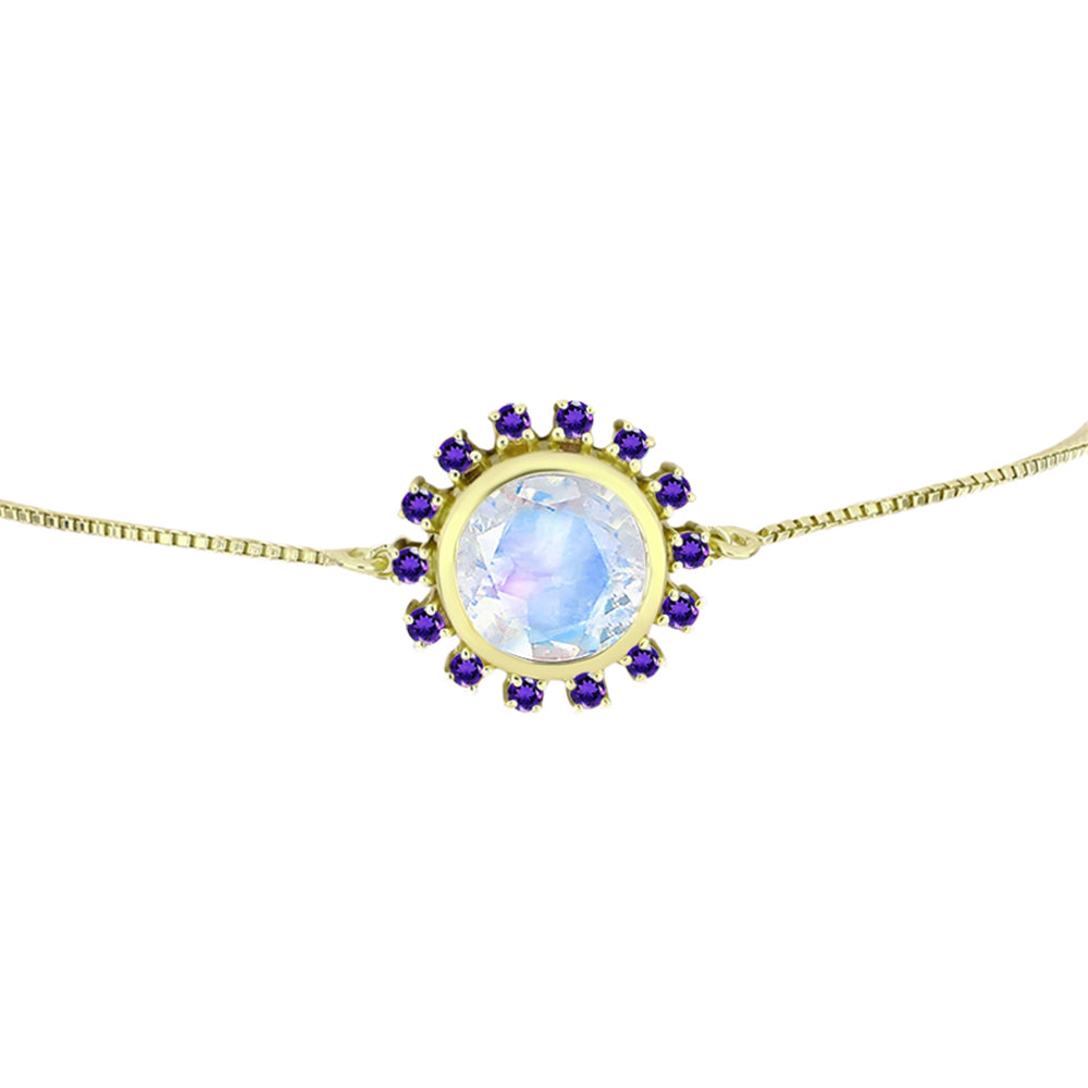 Pulsera de Plata Bañada en Oro con Piedra Lunar Arco Iris y Amatista de Marruecos